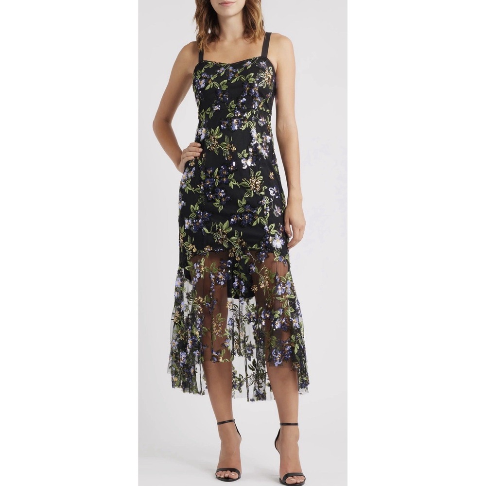 Sam Edelman Black Floral Sequence Embroidered Strapless Dress Size 4 $168 Mesh